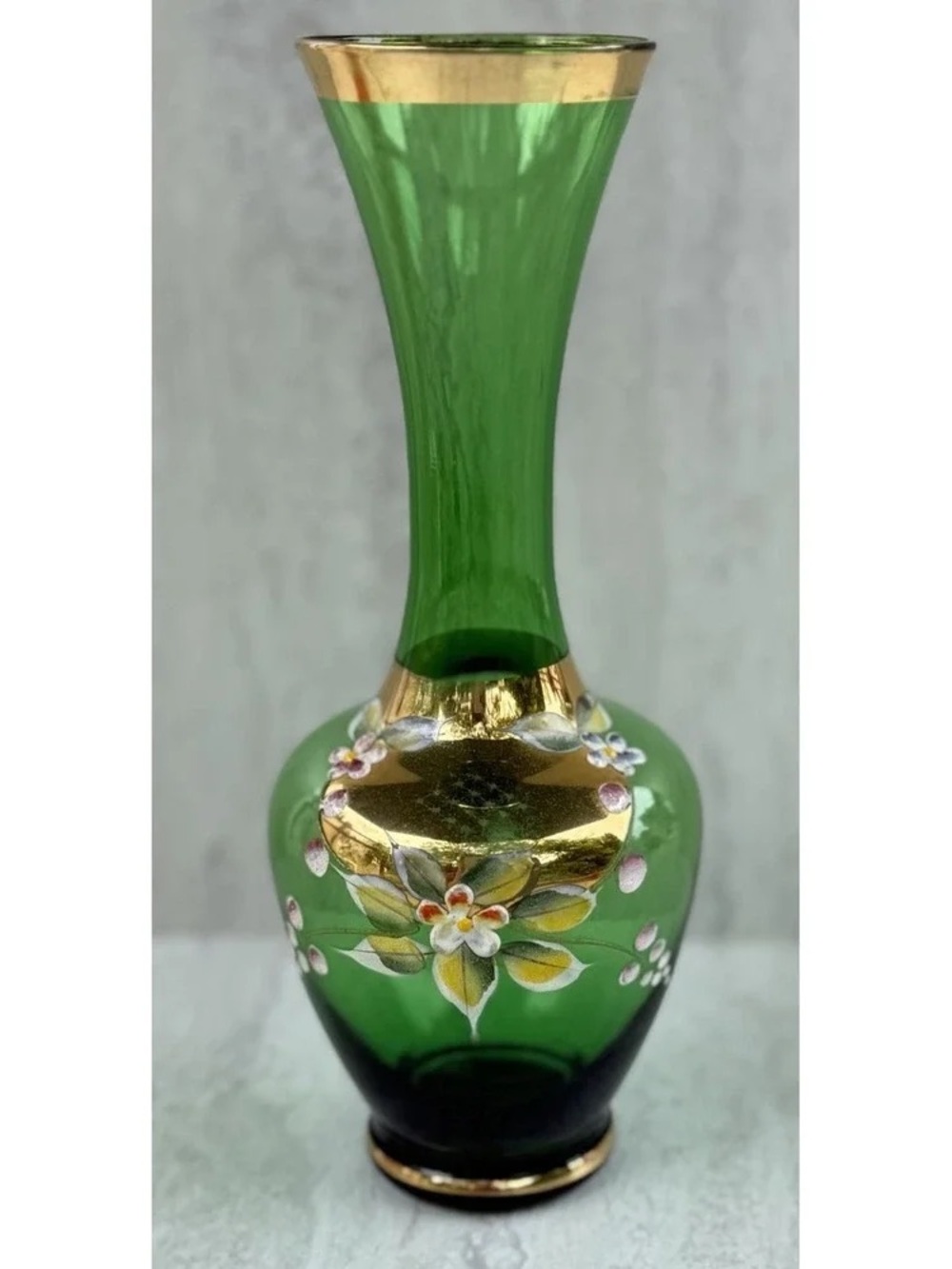 Hand-Painted Green Glass Vase with Gold Accents